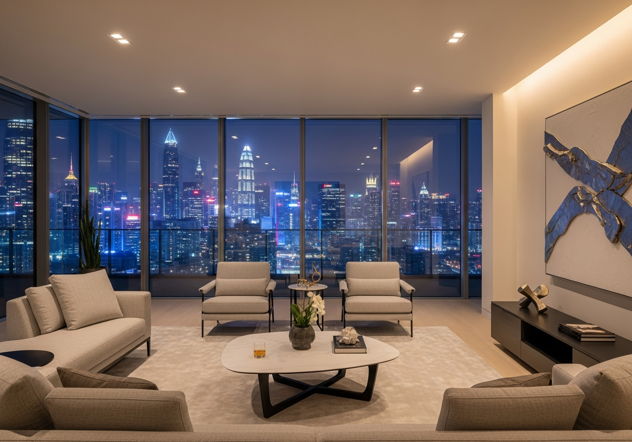 Modern residential interior overlooking a Prague skyline at night